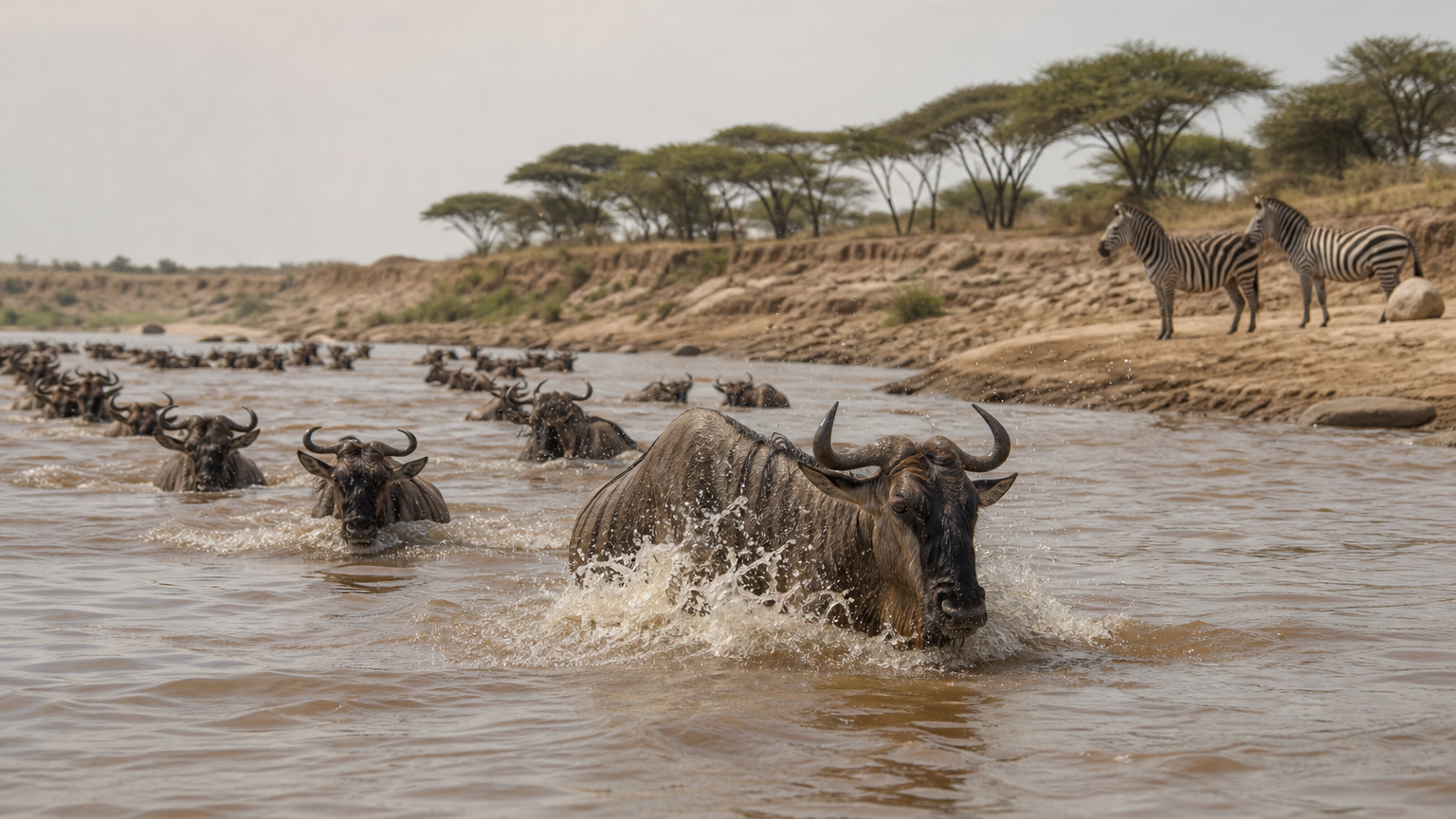 A wildebeest herd crosses a wide river while zebra wait on the bank.