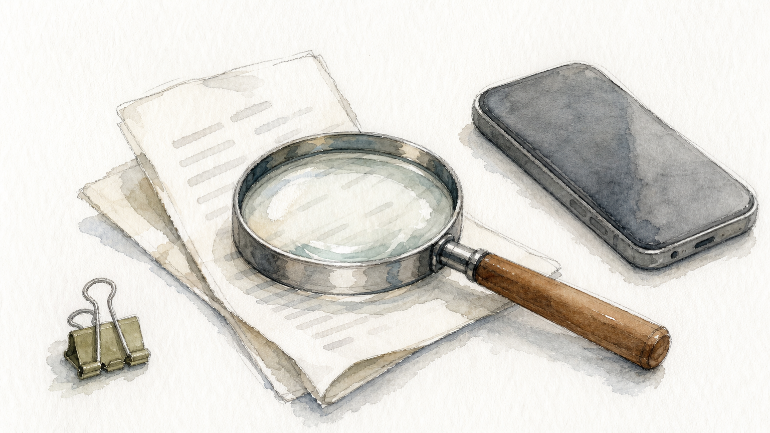 A magnifying glass rests on a paper receipt beside a closed smartphone.