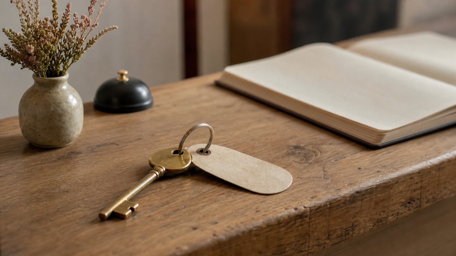 A brass room key and an open guest register rest on a reception desk beside a vase of fynbos.
