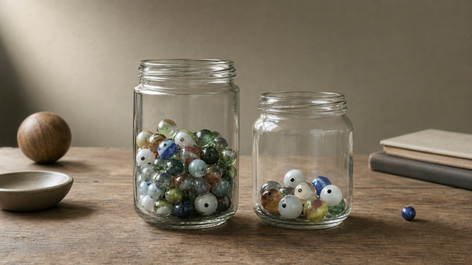 Two jars of marbles compare a large group with few marked events against a smaller group with more marked events.