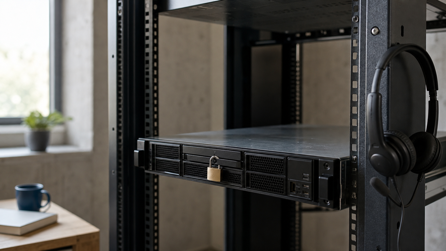 A dedicated server in an open rack, with a padlock on its front and a headset hanging beside it.