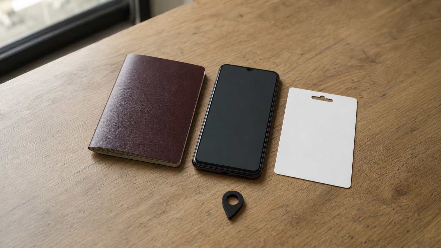 A passport, a smartphone and a gift card lie side by side on a table, with a map pin in front.