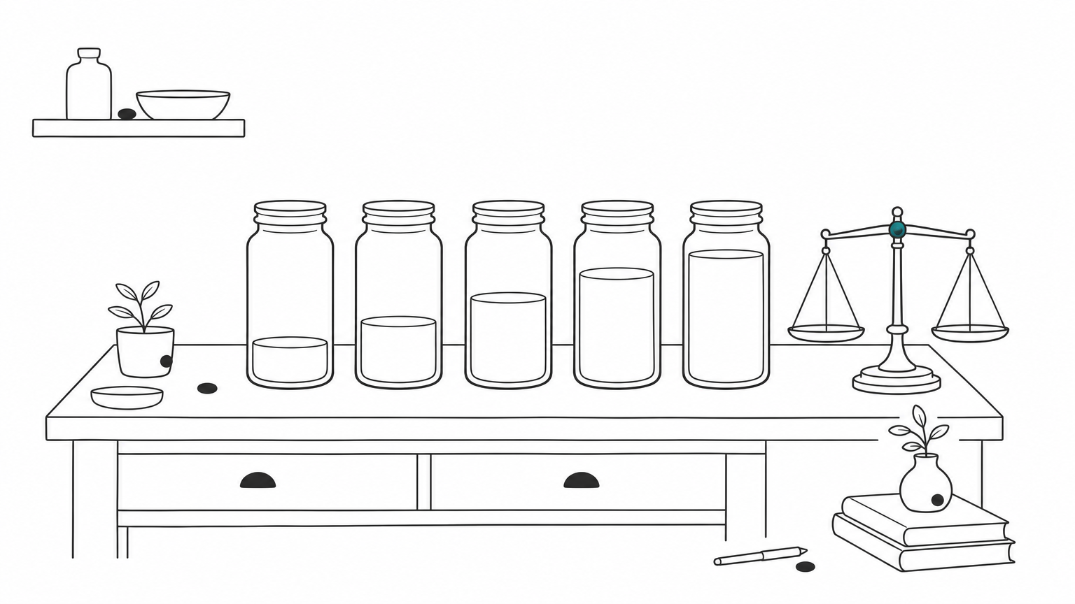 Five glass jars on a workbench, filled to different heights, with a brass scale beside them.