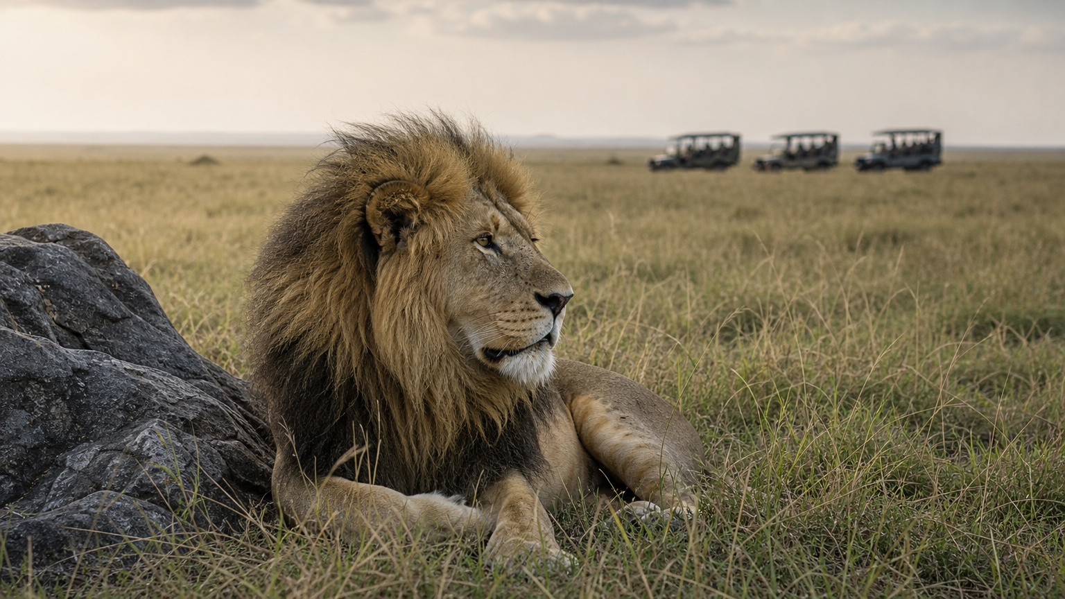 A lion rests in tall grass while a few safari vehicles wait at a distance.