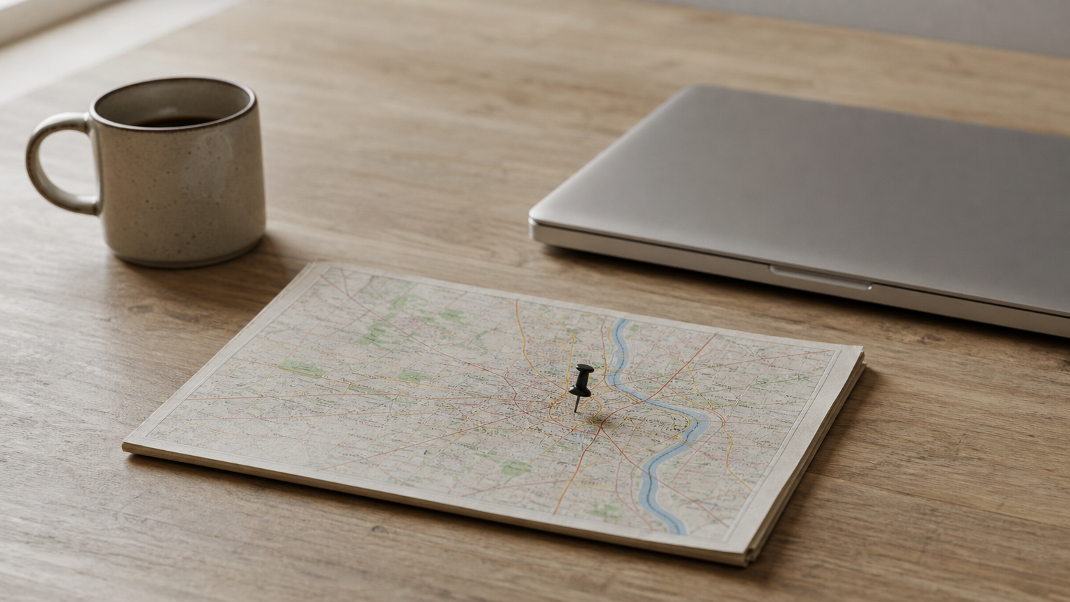 A pushpin in a printed street map sits beside a closed laptop and a coffee mug.