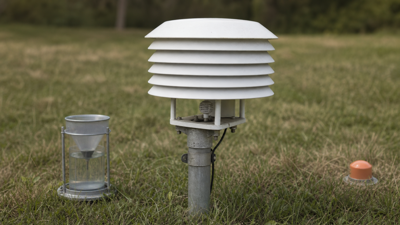 A louvered radiation shield on a mast above grass, with a rain gauge standing level beside it.