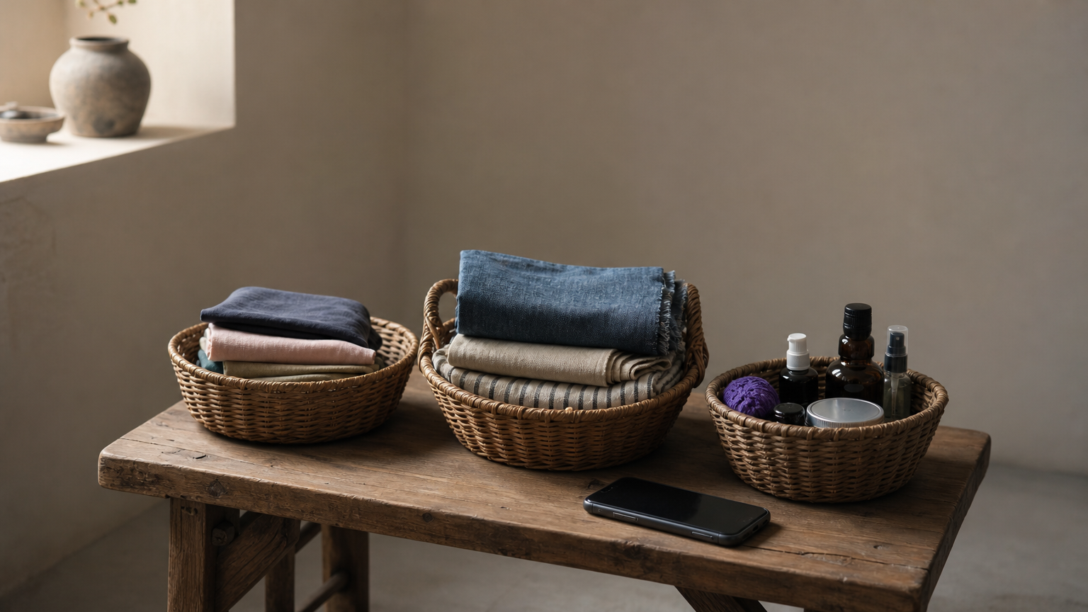 A market stall with three baskets of goods and a phone resting at the front edge.
