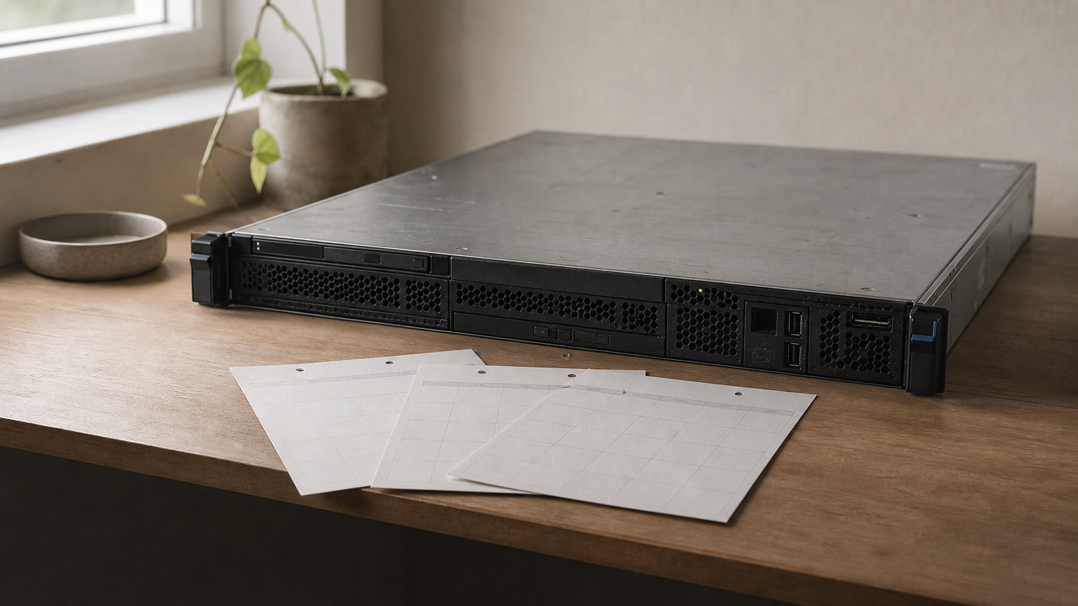 A rack server on a shelf with three monthly calendar pages fanned out in front of it.