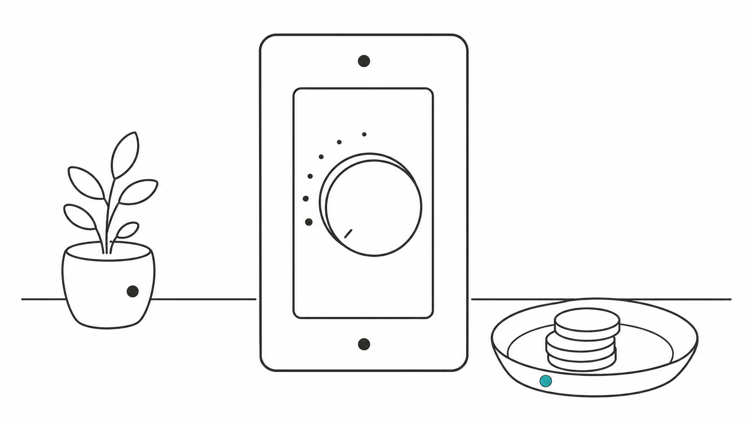 A dimmer switch turned low on a wall, beside a small dish holding three stacked coins.