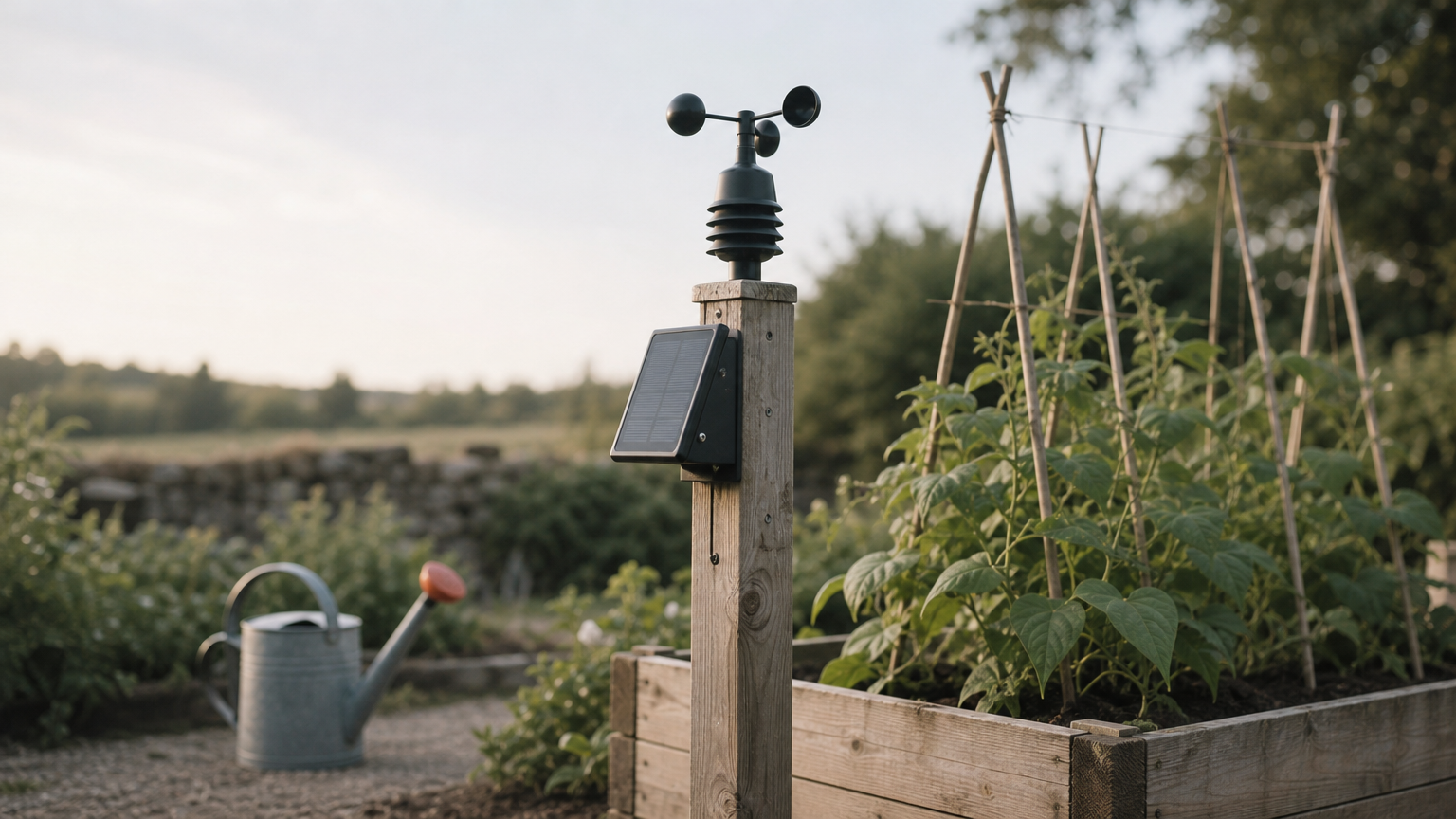 A small weather station on a garden pole with a cup anemometer and solar panel, beside a raised vegetable bed.
