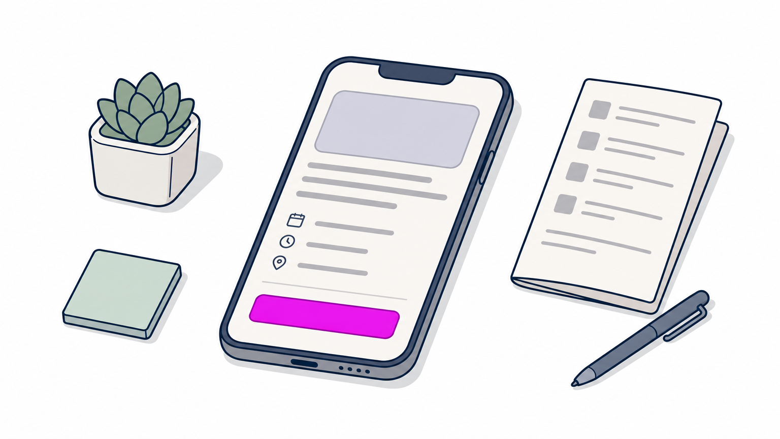 A smartphone on a desk showing an event registration page, next to a folded paper agenda and a pen.