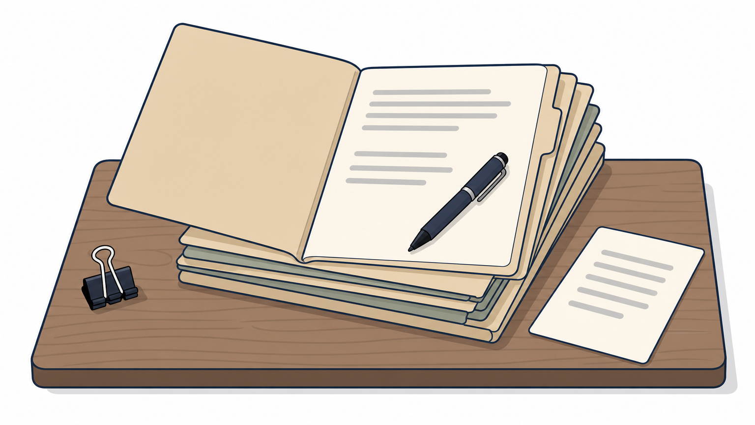 A stack of paper case folders on a desk, with one folder open and a pen lying across its pages.