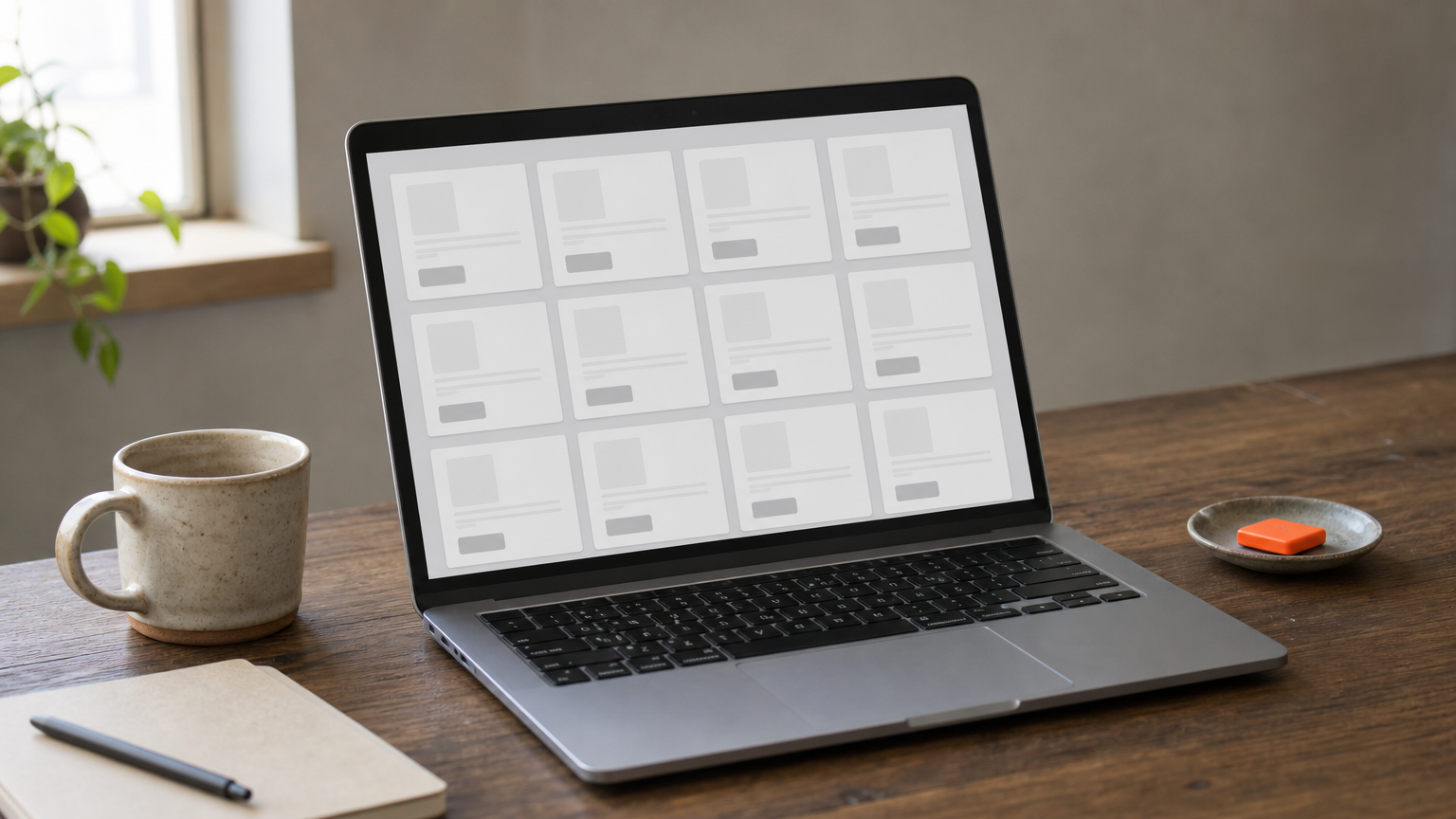 A laptop displays a grid of small task cards with price tags beside a coffee mug.