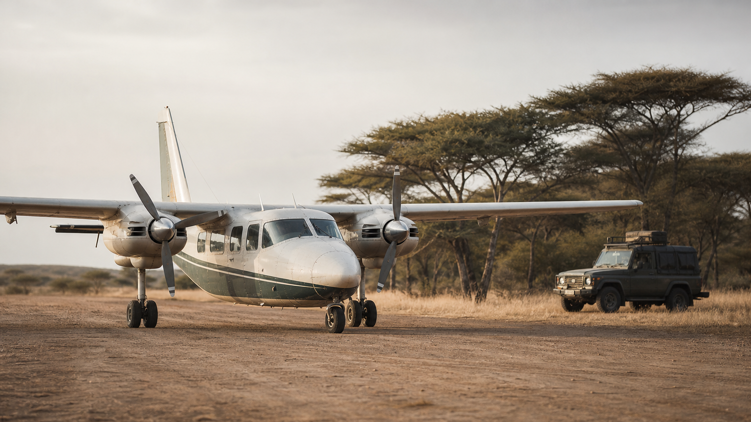 Small safari plane on a dirt airstrip with a Land Cruiser waiting beside acacia trees.