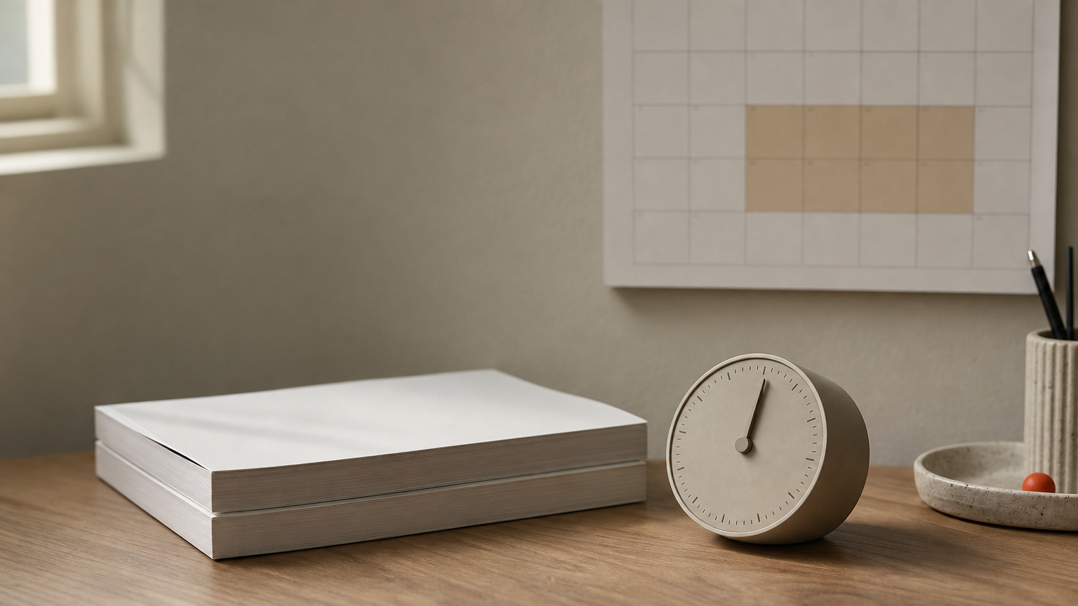 A desk timer sits beside two contracts and a calendar with a marked block of hours.