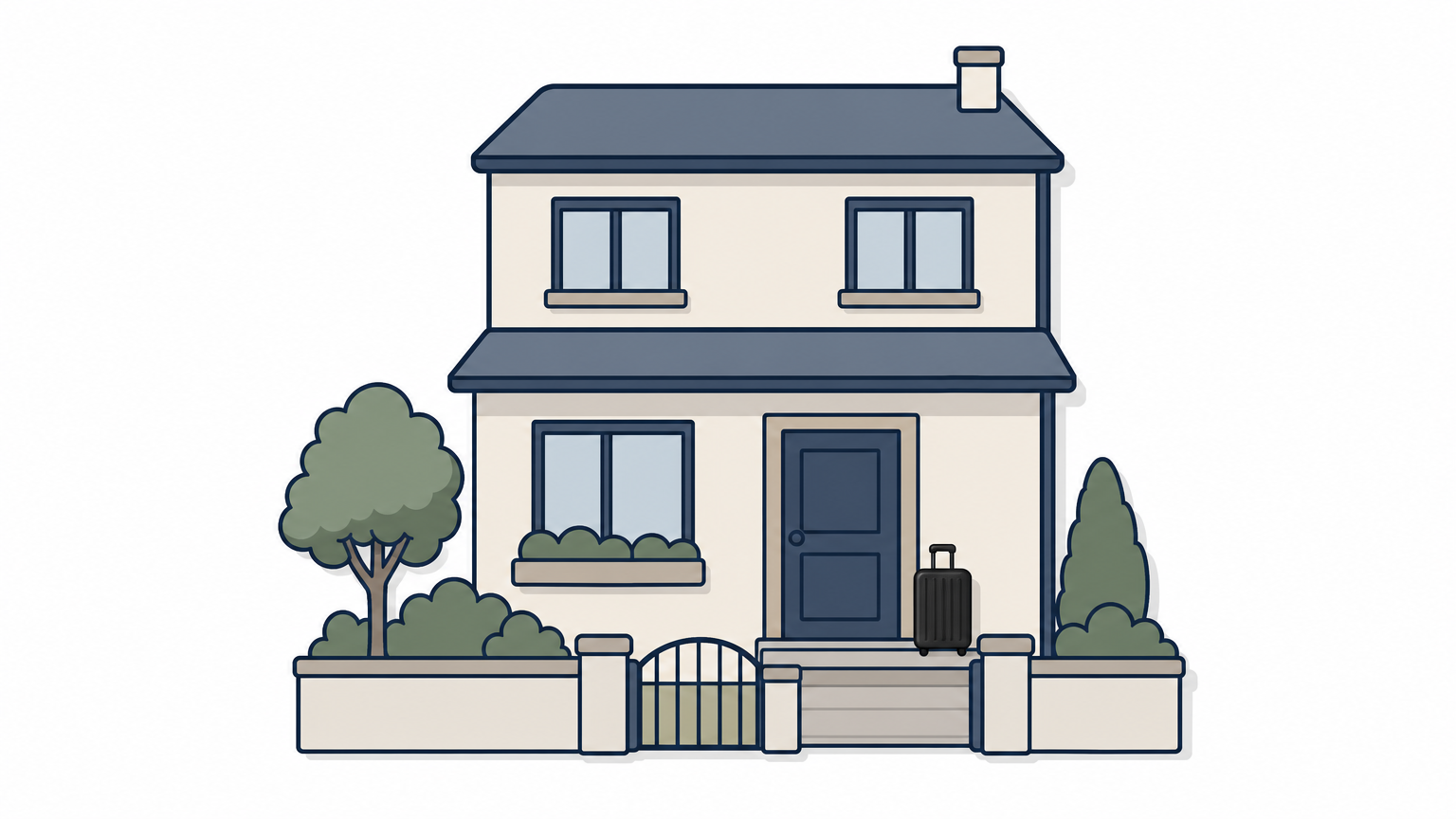 A modest two-storey house with a closed front door and a single suitcase standing on the front step.