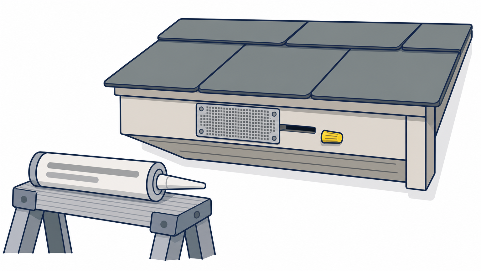 A steel mesh patch covers a small gap in a roof eave, with a pen cap beside it for scale.