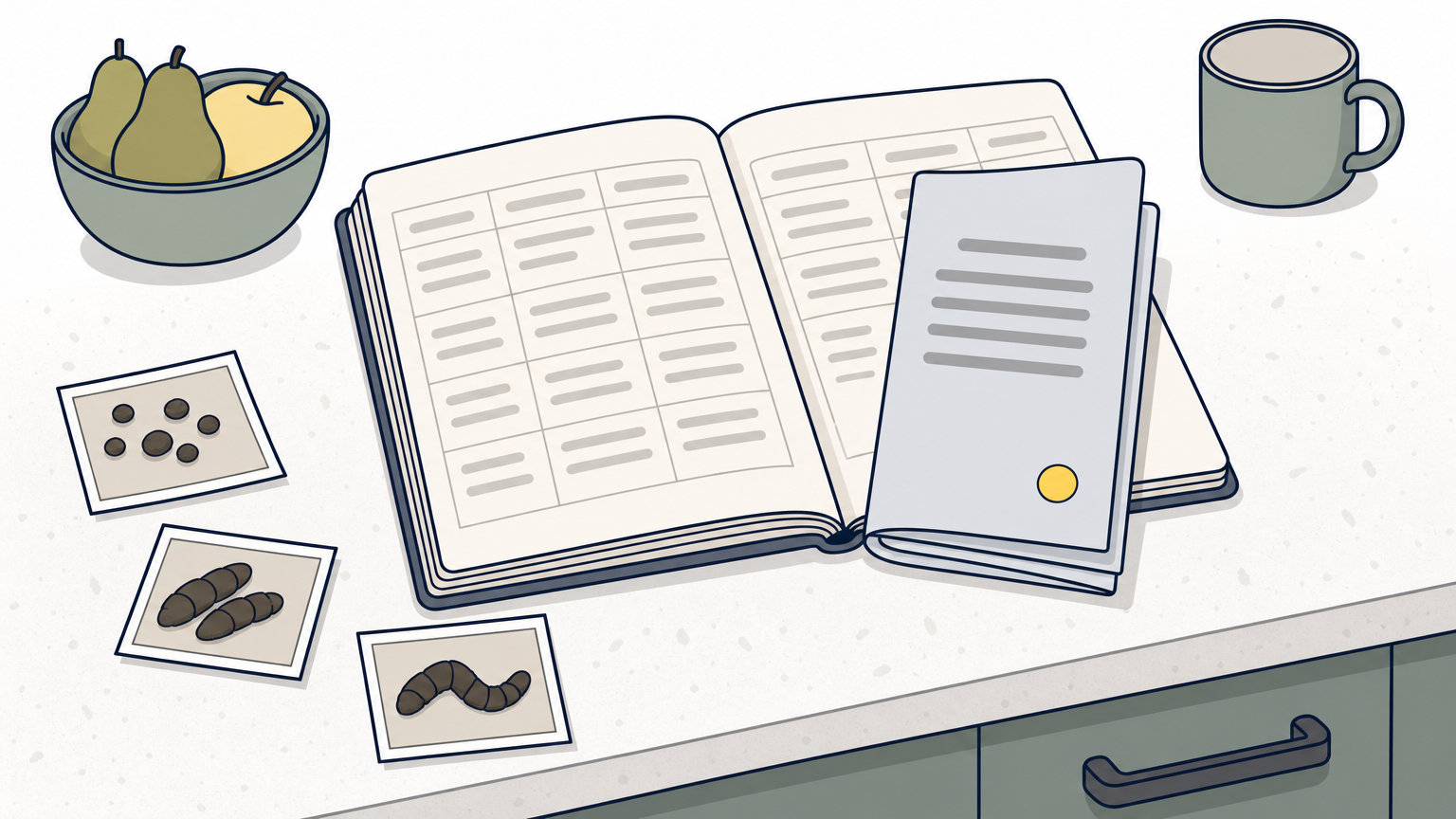 A dated log sits on a counter beside printed photos of droppings and a folded lease.