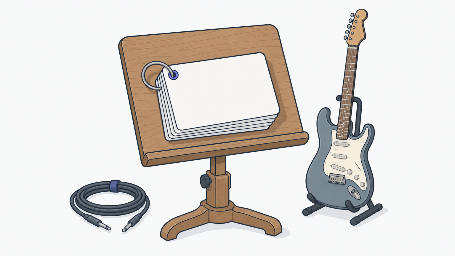 A stack of index cards on a key ring rests on a music stand beside an electric guitar.