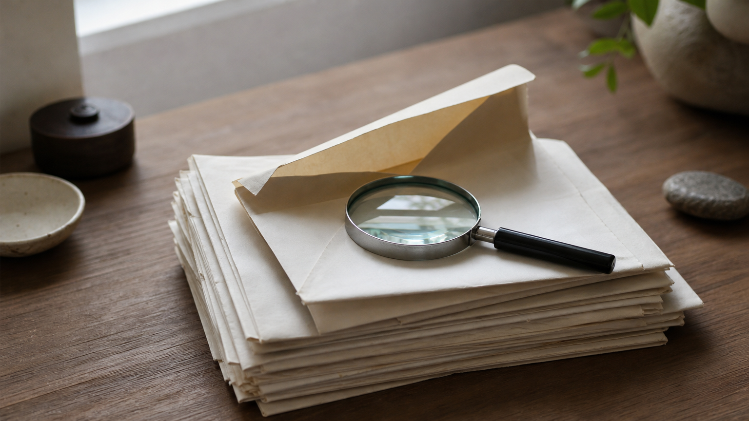 A magnifying glass rests on a stack of folded statements, with one envelope opened beside it.