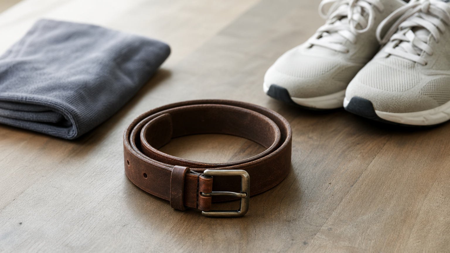 Une ceinture en cuir enroulée à côté de chaussures de running et d'une serviette pliée.