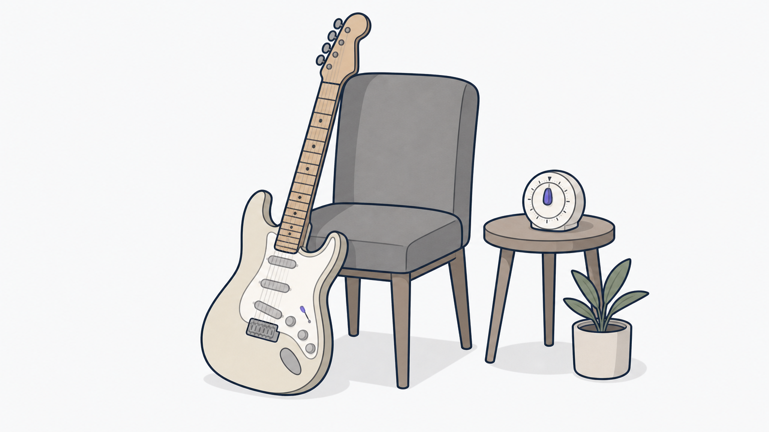 A kitchen timer sits on a small table next to an electric guitar leaning against a chair.