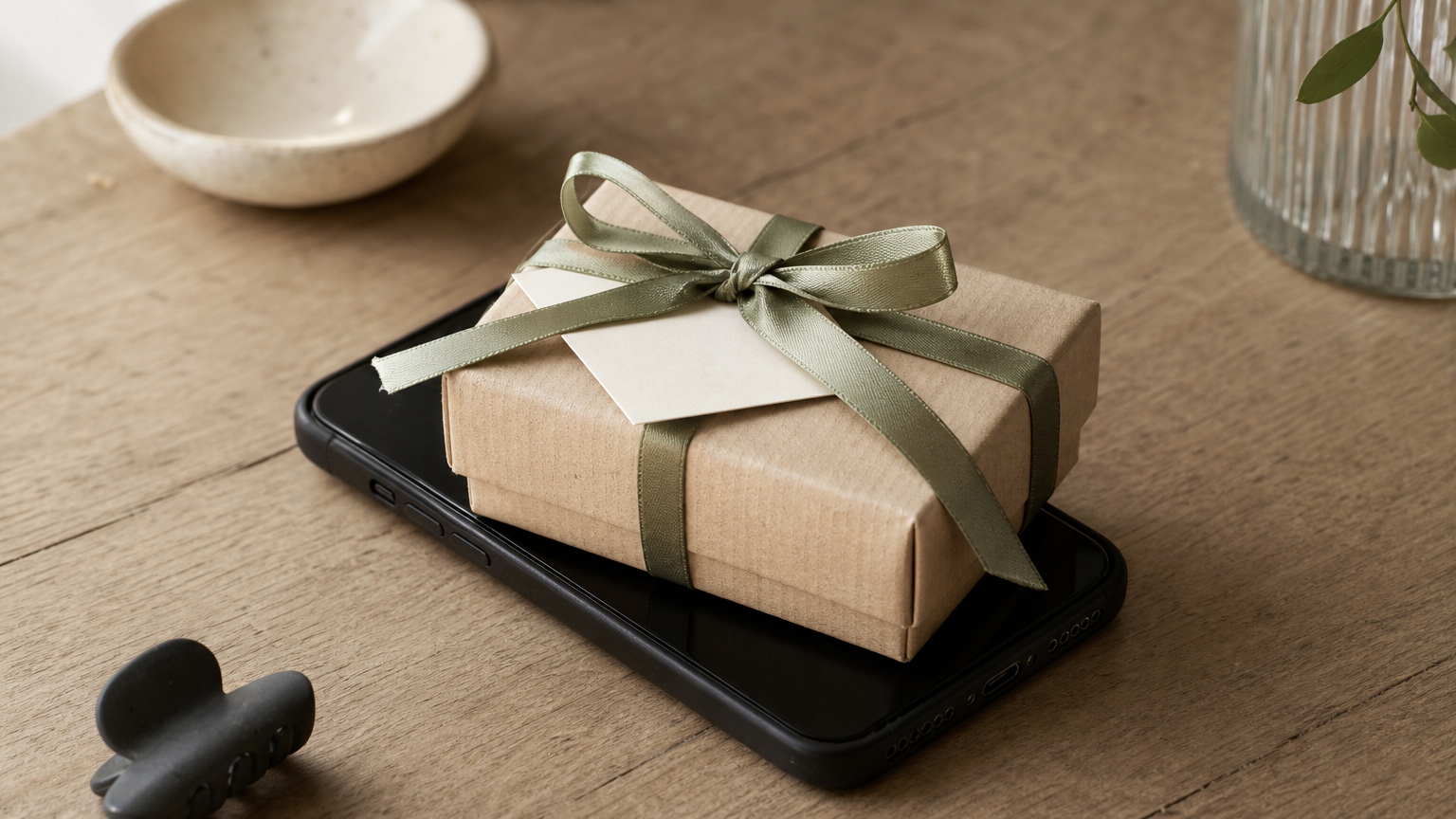 A wrapped gift box with a ribbon bow sits on top of a closed smartphone.