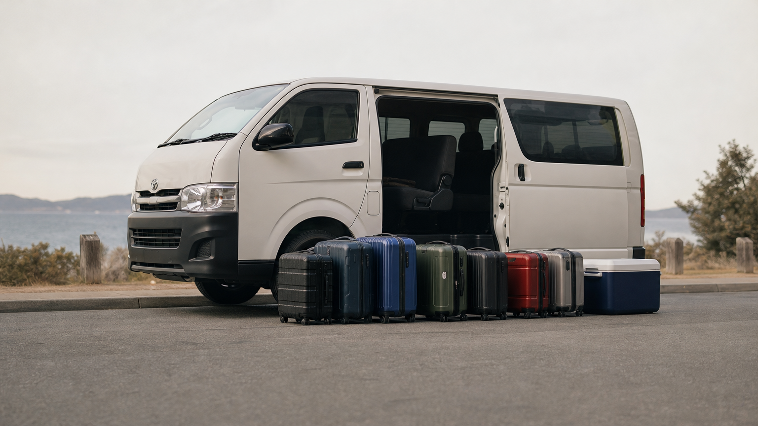A Toyota Hiace van stands open at the curb, with suitcases and a cooler set out beside it.