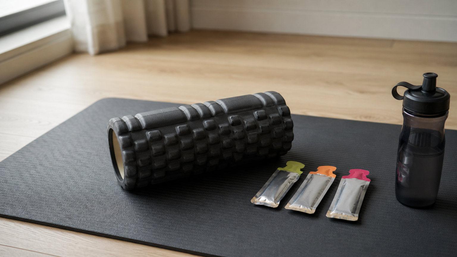 Un rouleau de massage posé sur un tapis, accompagné de sachets de gel et d'une gourde.