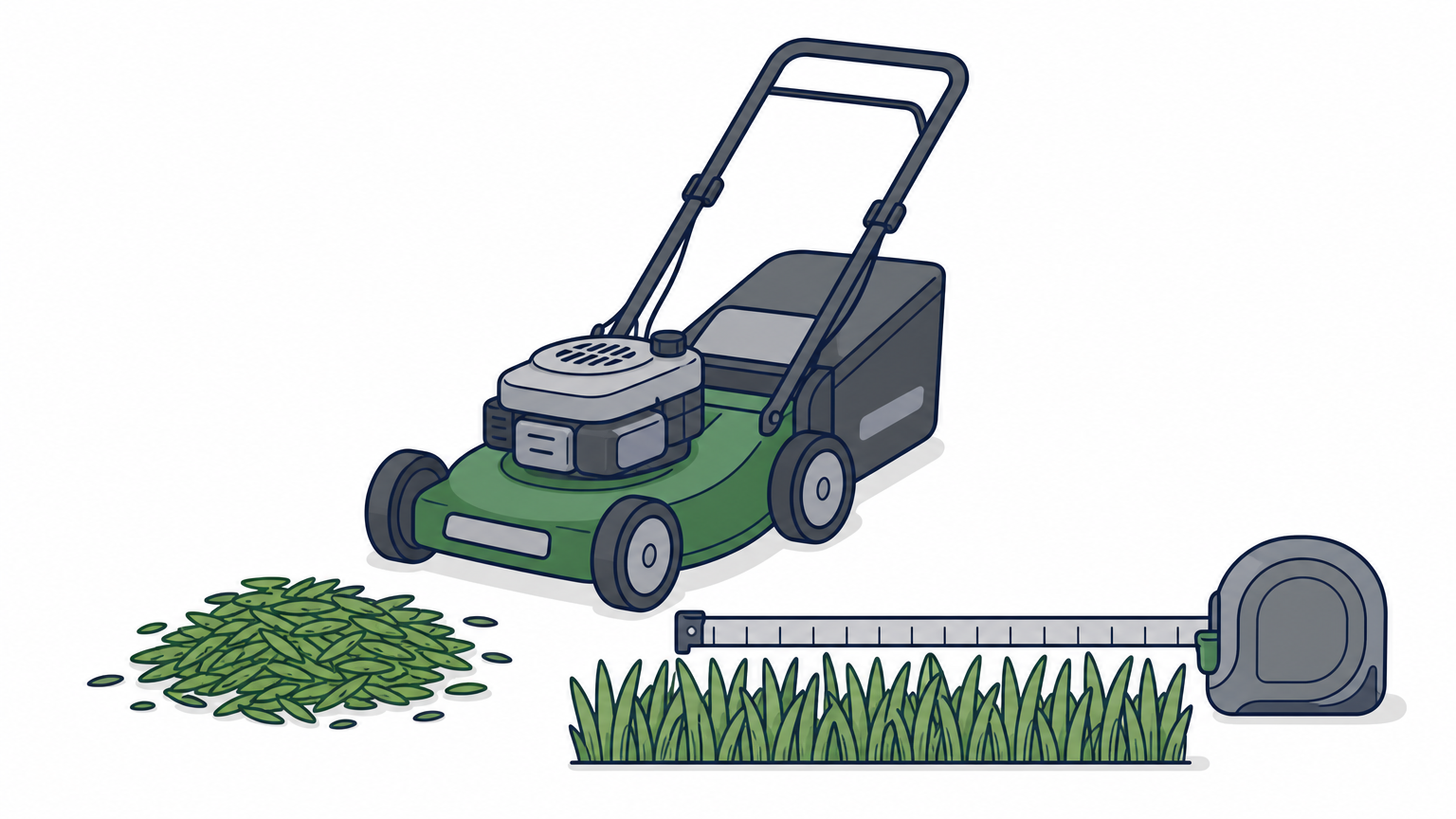 A push mower and a tape measure show St. Augustine grass cut to about four inches on a lawn.