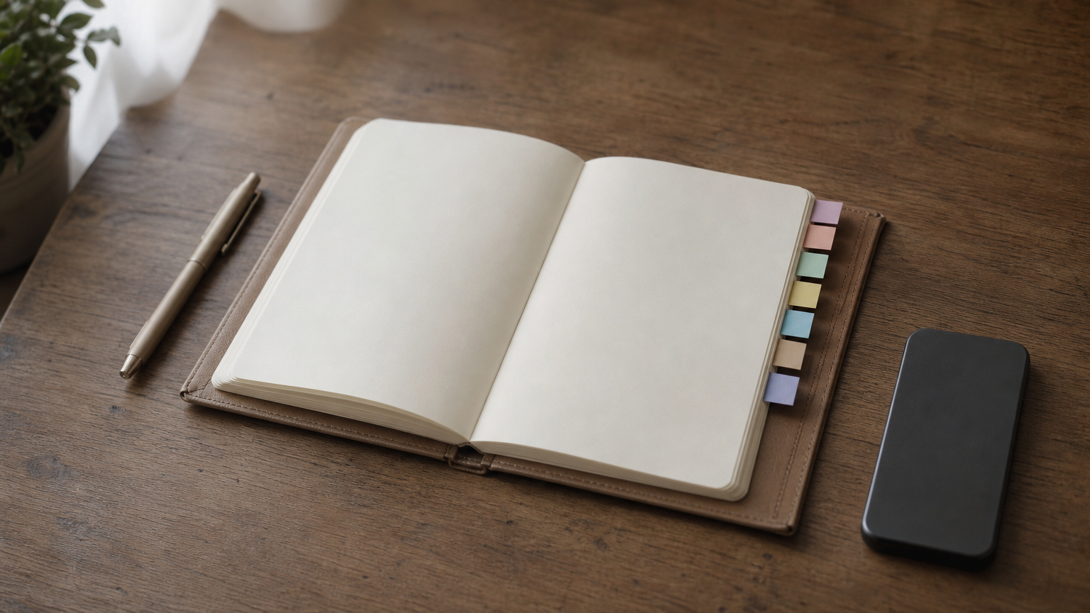 An open paper planner with seven tabs lies on a desk beside a pen and a smartphone.