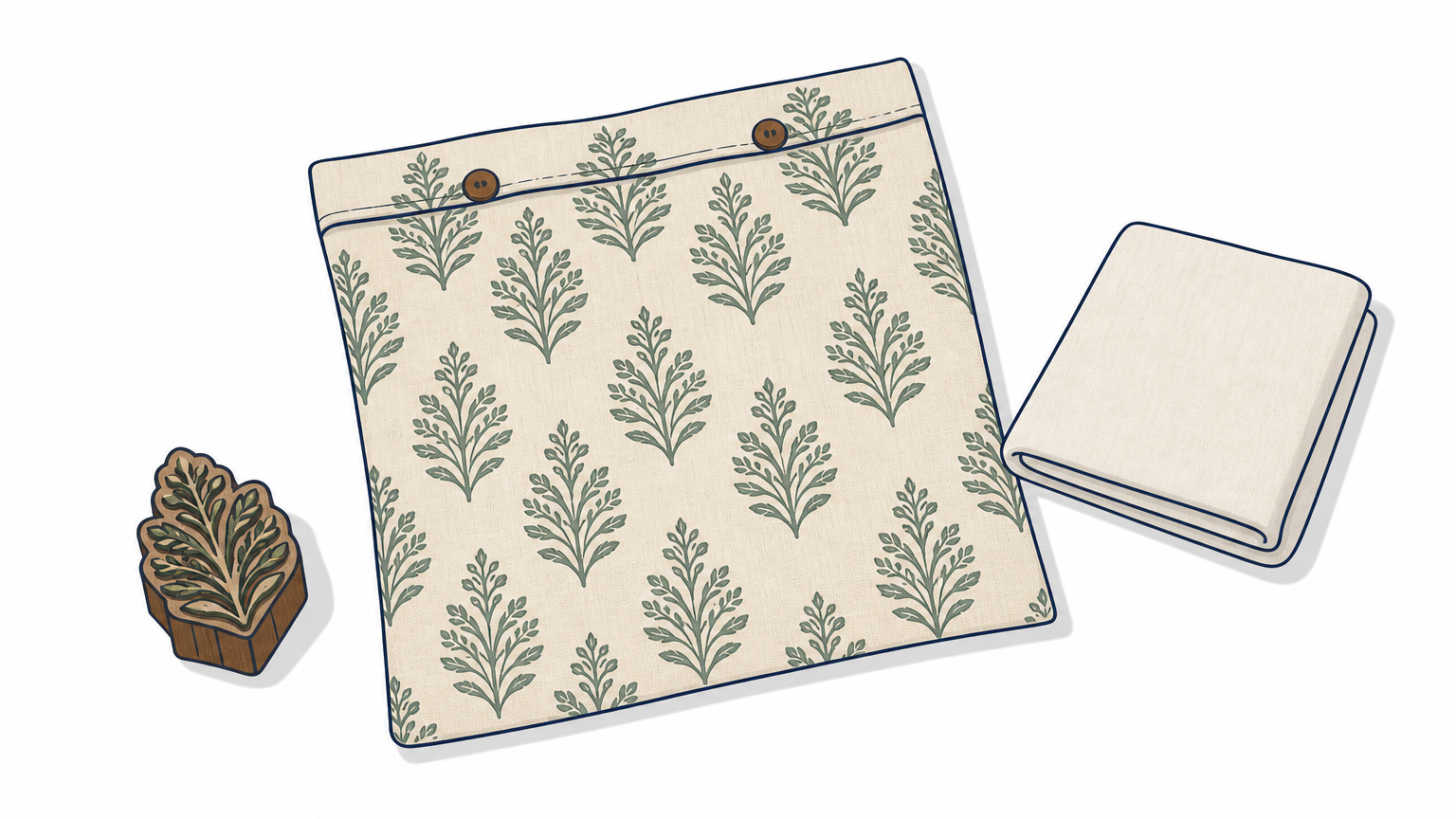 A linen pillow cover lies flat beside a carved wooden printing block and a folded insert.