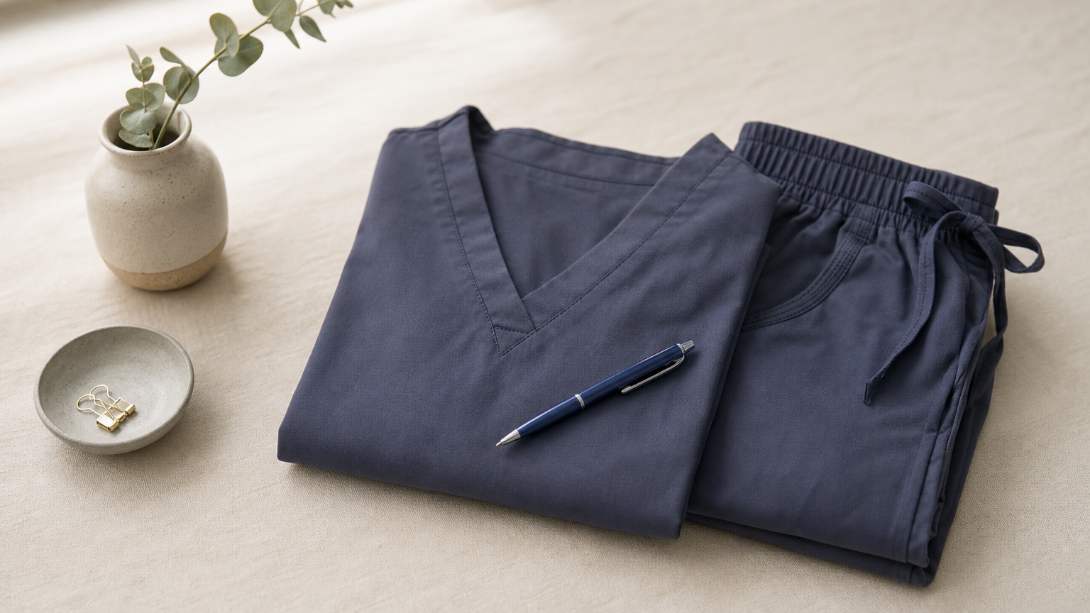 A folded women's V-neck scrub top and pull-on pants on a surface, with a pen resting on the top.
