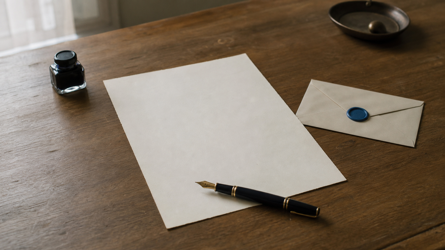 A blank sheet of paper lies on a desk beside a pen and a sealed envelope.
