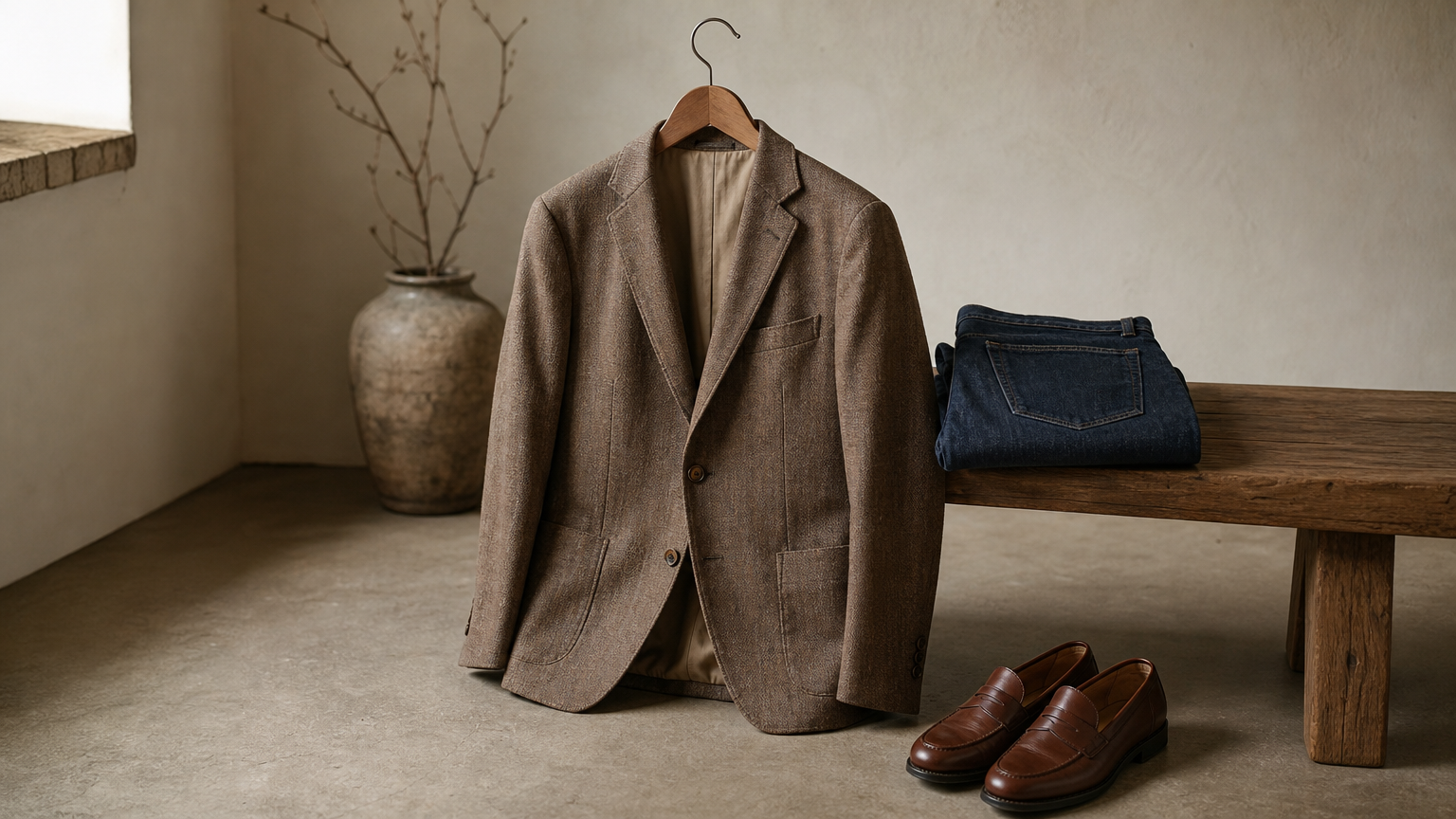 A blazer on a hanger beside folded jeans, with leather loafers on the floor below.