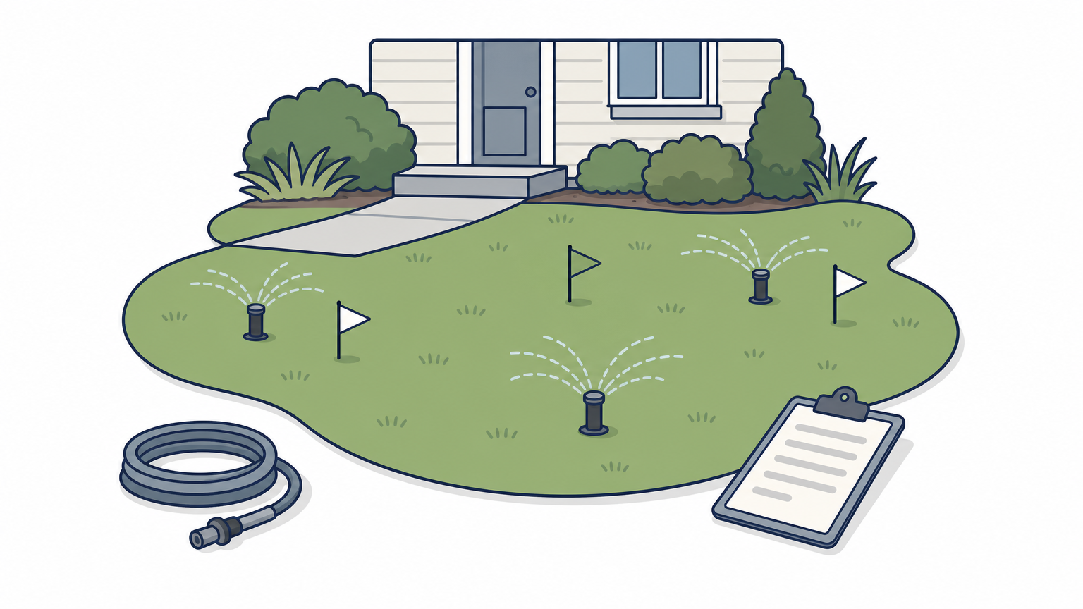 A lawn with small flags marking sprinkler heads beside a walkway, ready for aeration.