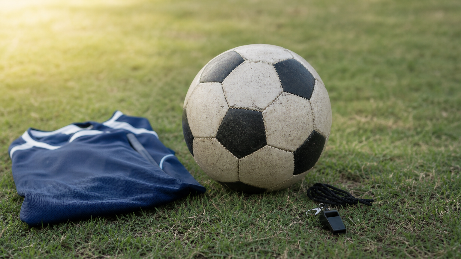Un ballon de football posé sur l'herbe, à côté d'un maillot plié et d'un sifflet.