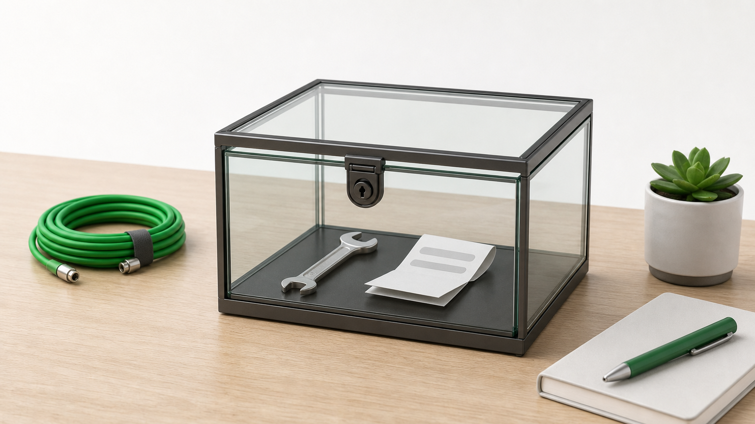 A sealed glass box on a desk holds a wrench and a folded paper ticket.