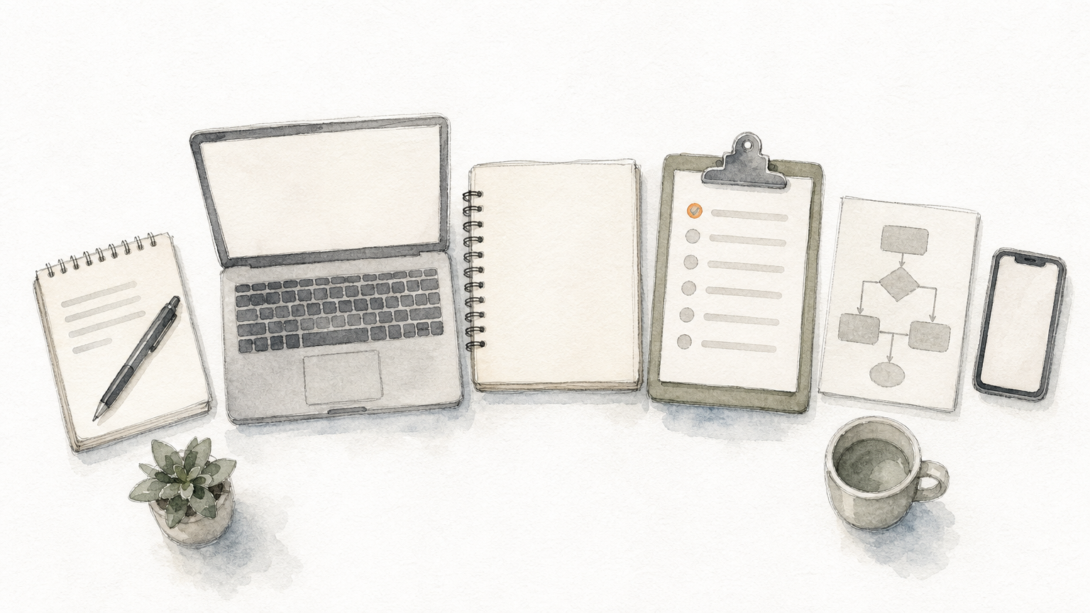 Six everyday desk objects lined up in a row, representing the roles in an email team.