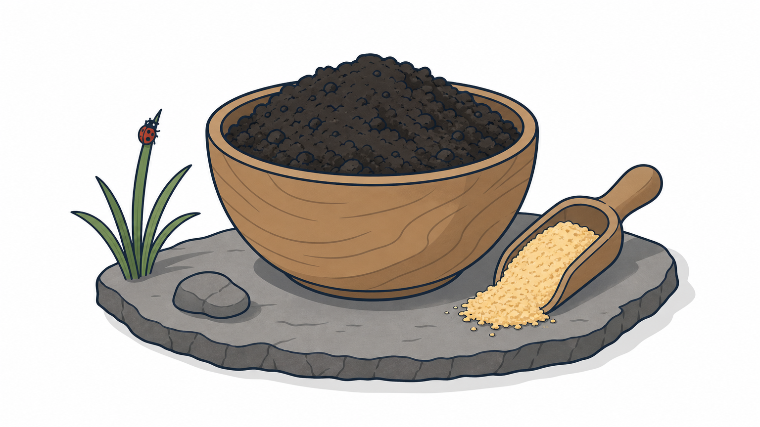 A bowl of dark compost and a scoop of corn gluten meal sit beside a ladybug on a grass blade.