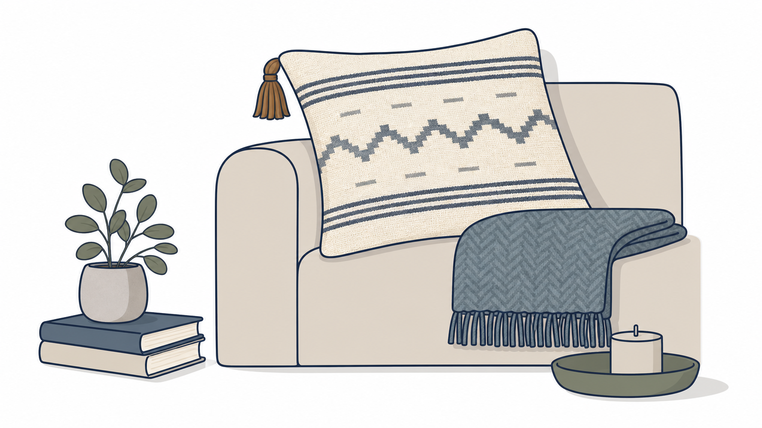 A woven wool pillow cover with a tassel drapes over the arm of a plain sofa.