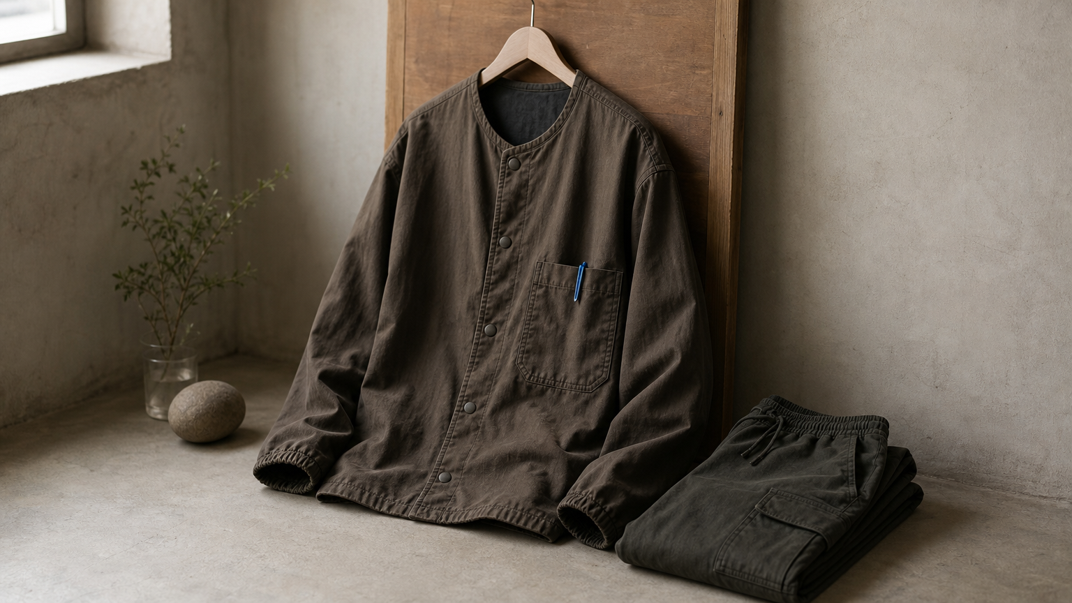 A snap front warm-up jacket on a hanger with a pen clipped to its pocket, beside a folded jogger pant.