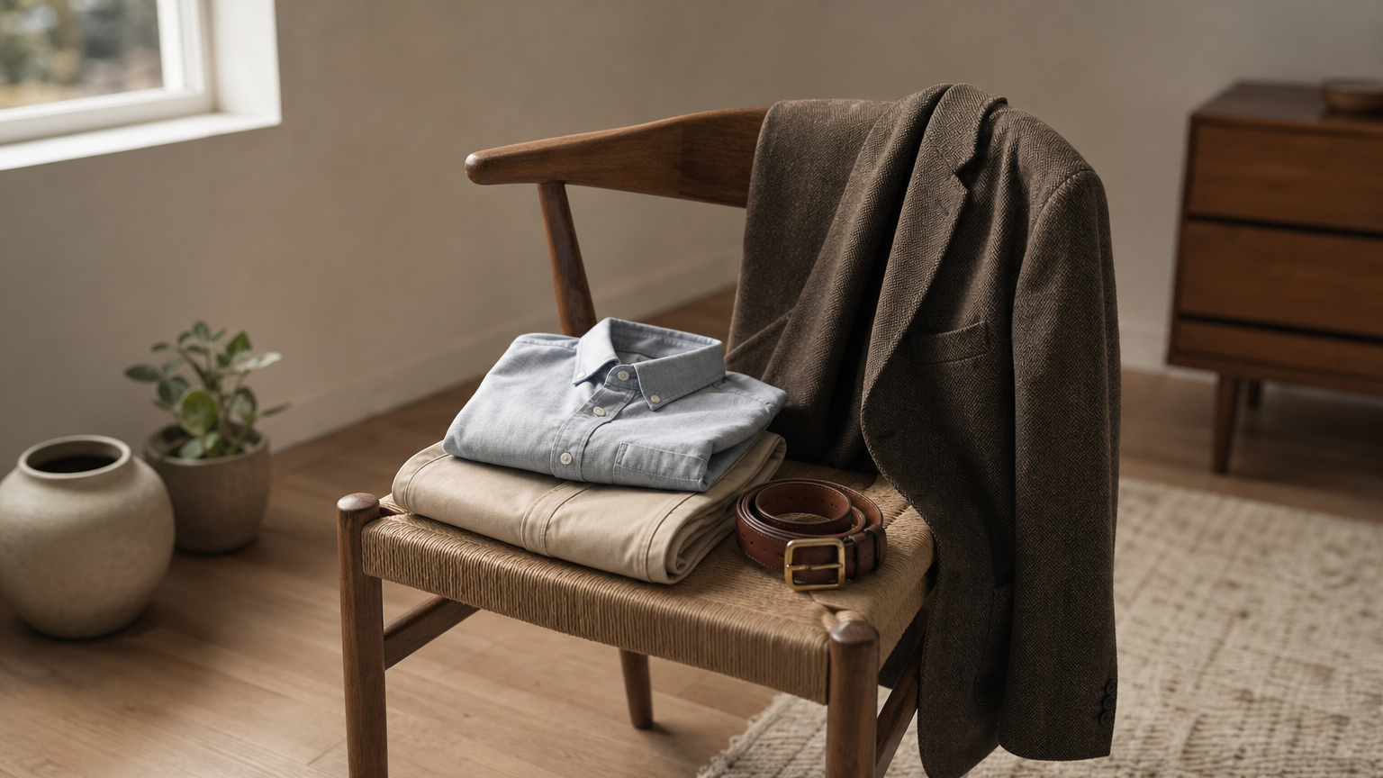 A blazer draped over a chair with folded chinos, an oxford shirt, and a belt on the seat.