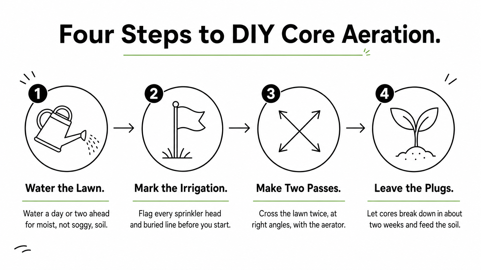 Four numbered steps for DIY core aeration: watering, marking irrigation, making two passes, and leaving the plugs.