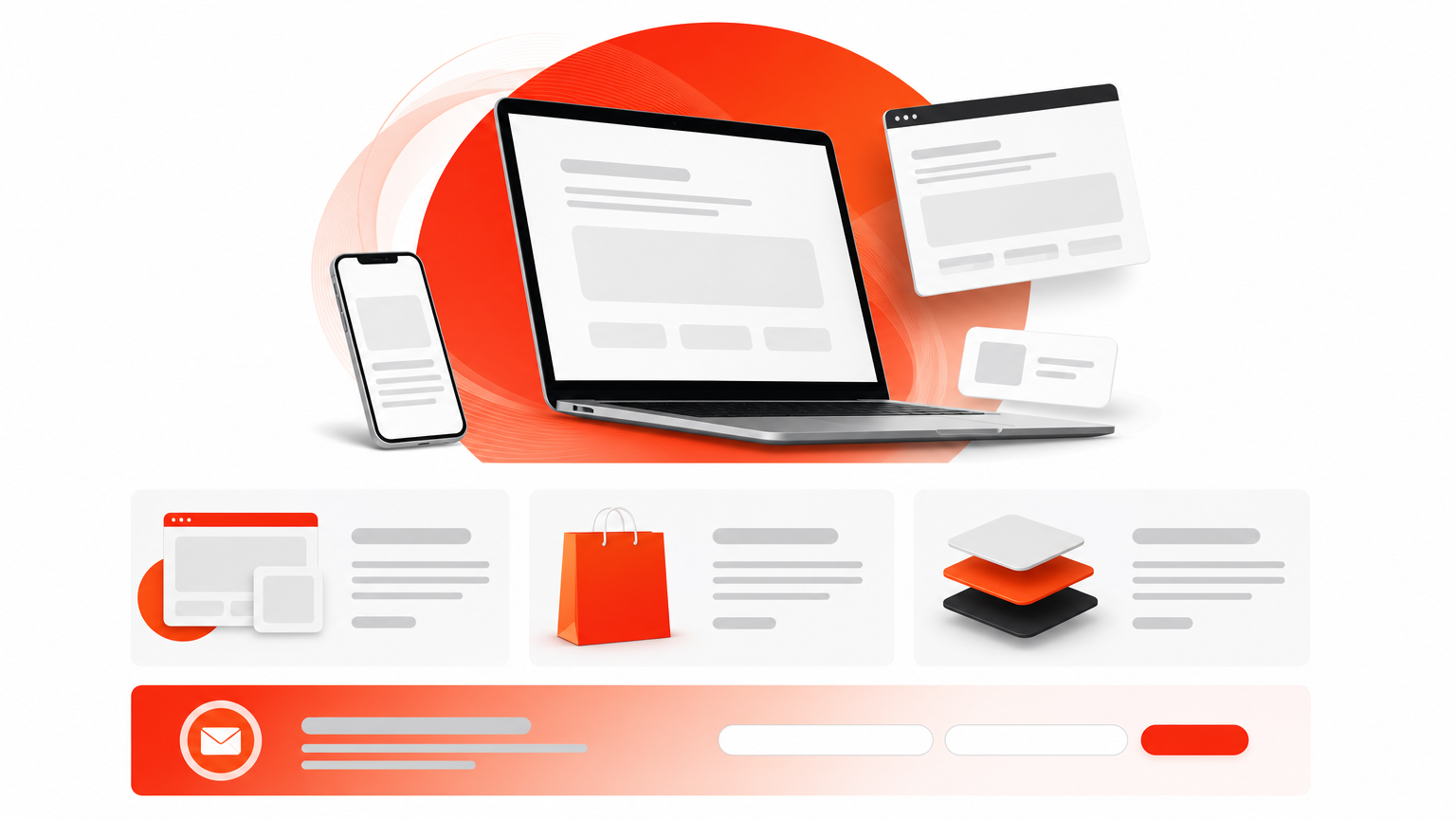 A tall single web page made of stacked sections, starting with a hero band, then three content blocks, and ending with a contact strip.