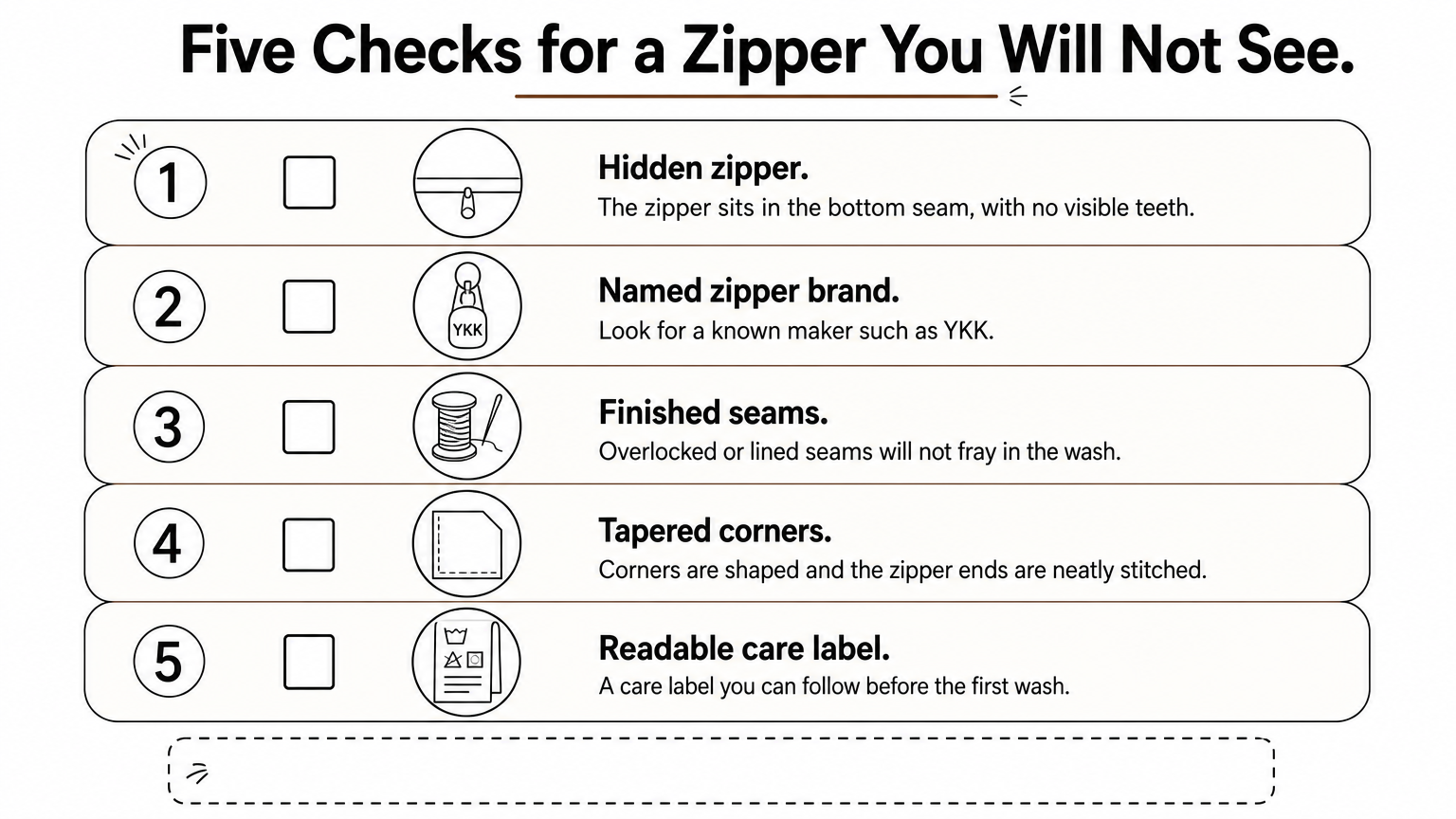 Five checks for a zippered pillow cover, from the hidden zipper to the care label.