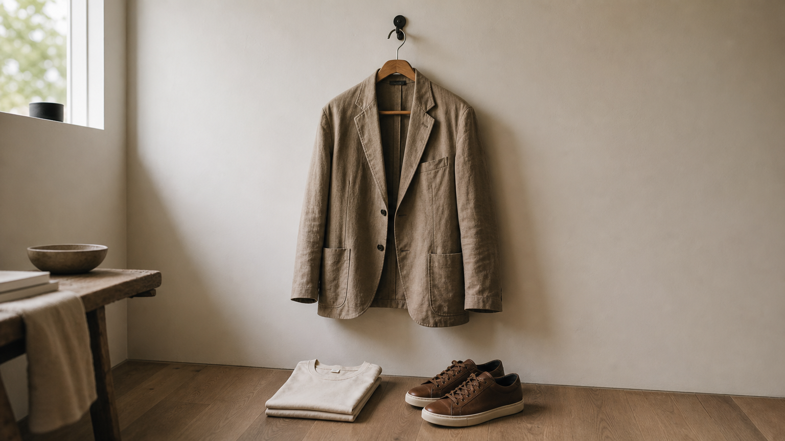 A casual blazer hung above a folded plain t-shirt, with sneakers on the floor below.