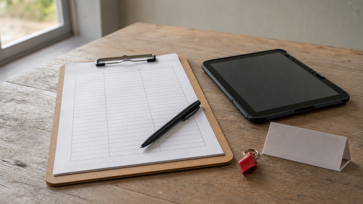 Ein Klemmbrett mit unterschriebener Teilnehmerliste liegt neben einem Tablet mit einem abgeschlossenen Quiz.