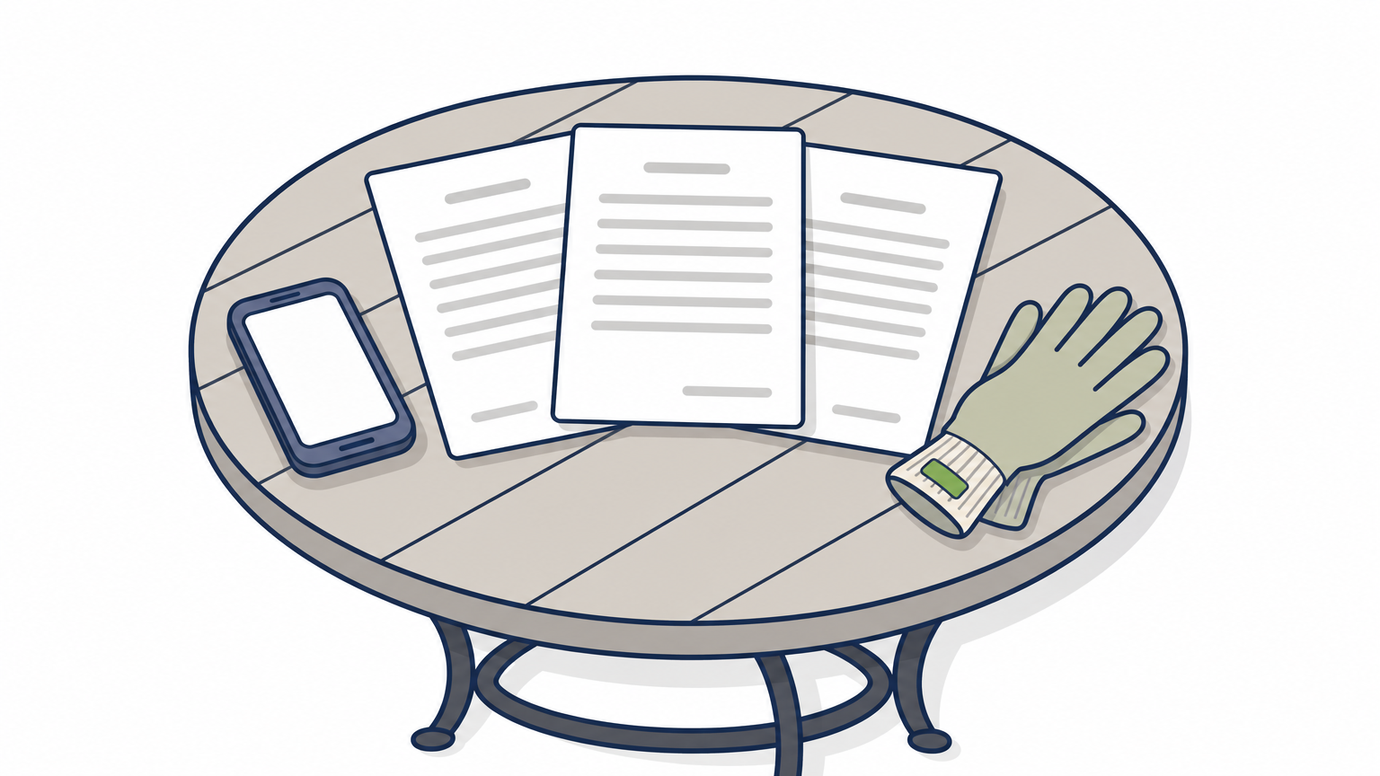 Three quote sheets and a smartphone rest on a patio table beside gardening gloves.