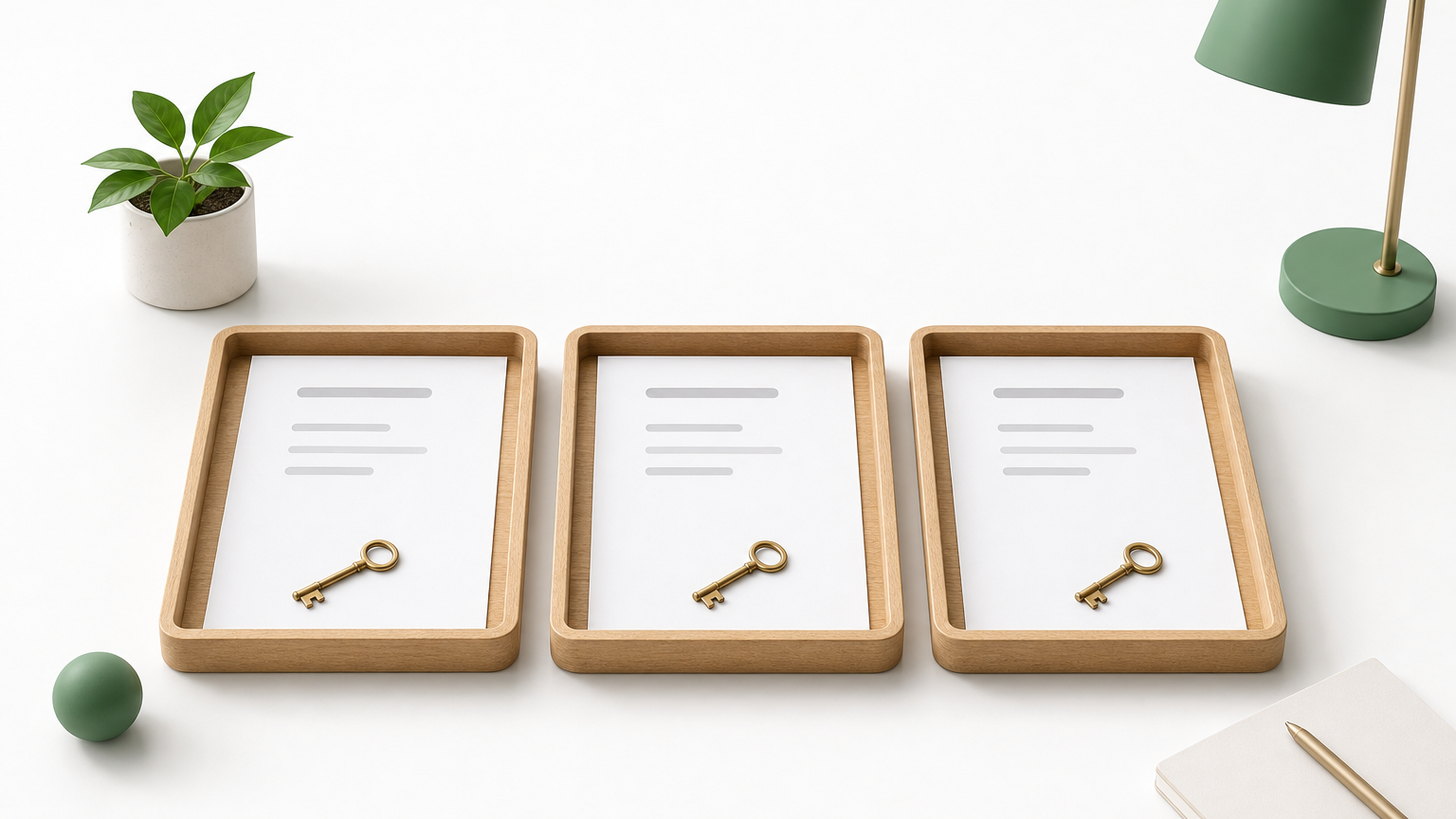 Three identical trays sit side by side, each holding its own sheet of paper and key.